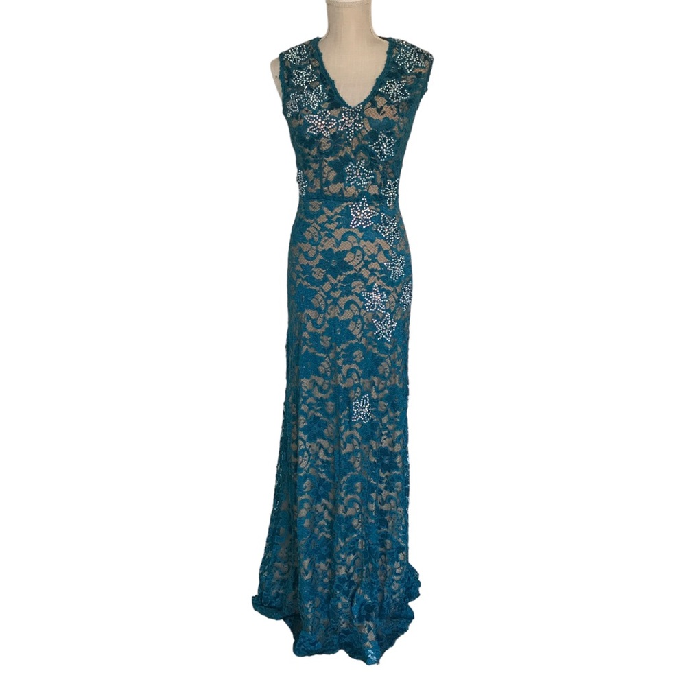 Size 2 Jovani blue evening gown with lace upper layer and rhinestones